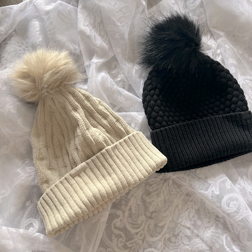 two lululemon pom pom beanie hats
